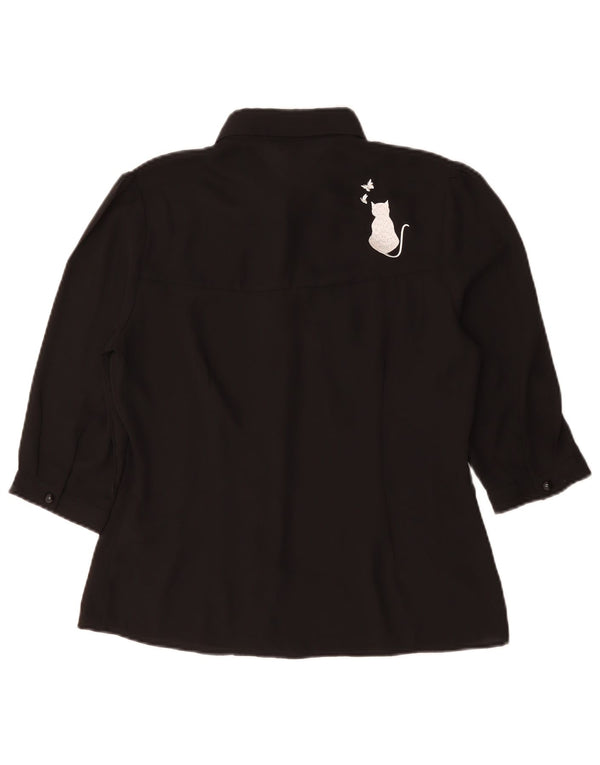 Blusa feminina vintage de manga curta com estampa gráfica Reino Unido 14 médio preto