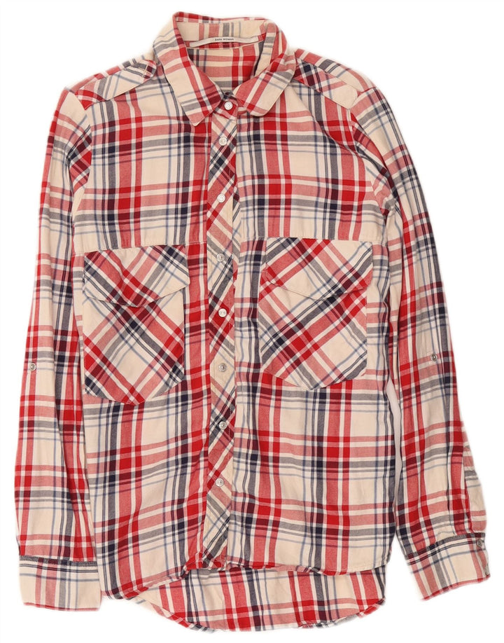 Camisa feminina de flanela Zara Reino Unido 14 algodão xadrez vermelho médio