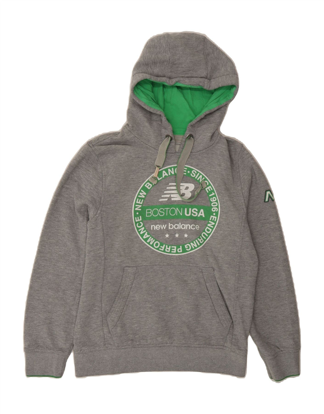 NEW BALANCE Mens Graphic Hoodie Jumper Small Grey Cotton Vintage New Balance and Second-Hand New Balance from Messina Hembry 
