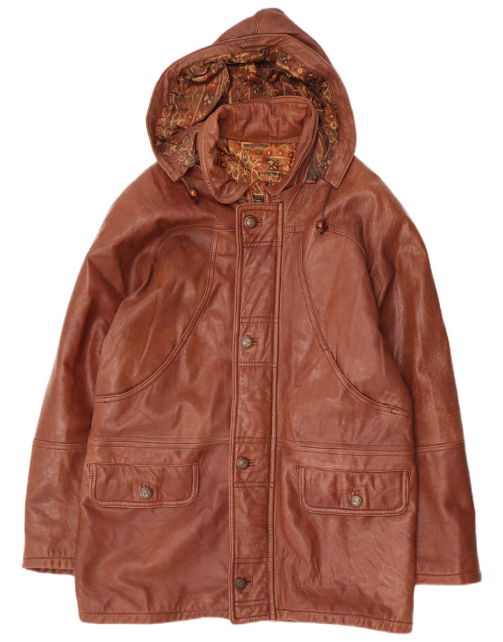 Casaco de couro com capuz masculino vintage IT 54 2XL couro marrom