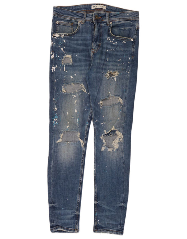 Zara Mens Distressed Slim Jeans EU 38 Pequeno W30 L30 Azul Algodão