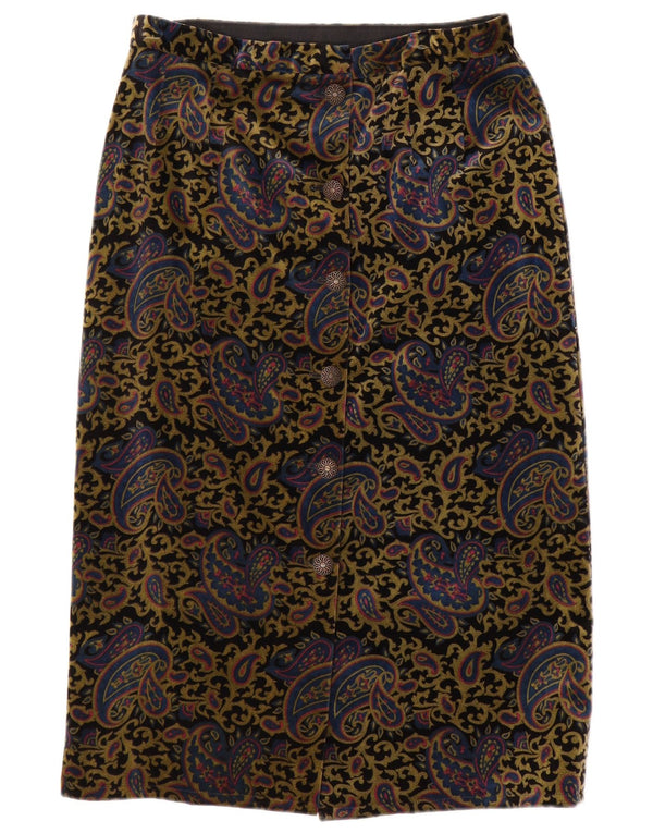 Saia midi de veludo de cintura alta feminina vintage W24 XS Paisley multicolorido