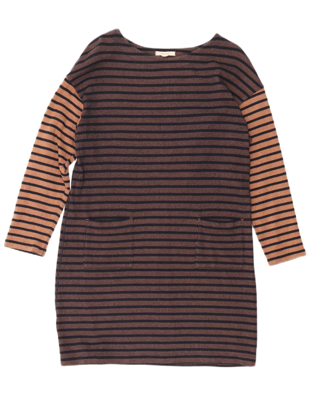 WHITE STUFF Vestido feminino de manga comprida com bainha UK 14 grande listrado marrom