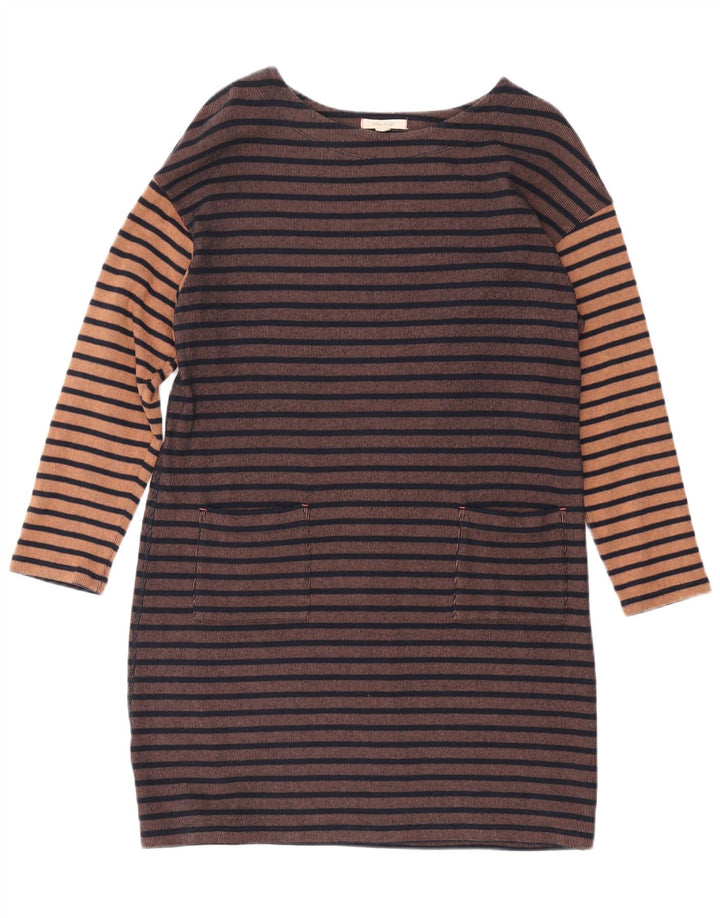 WHITE STUFF Vestido feminino de manga comprida com bainha UK 14 grande listrado marrom