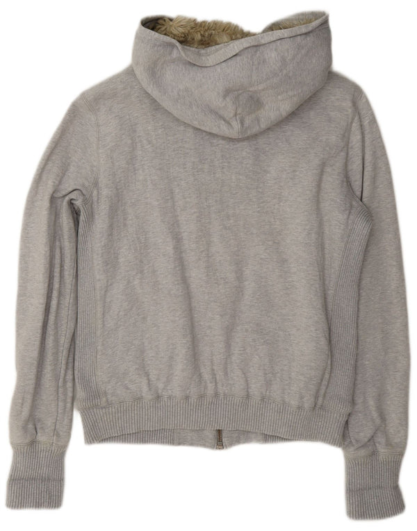 Suéter feminino com capuz Sherpa Zip Benetton Reino Unido 16 grande algodão manchado cinza