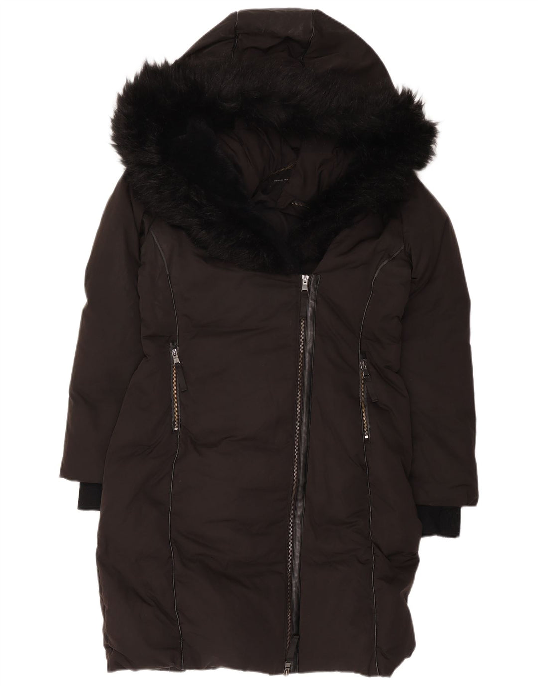 Casaco acolchoado com capuz feminino Zara UK 14 poliéster preto médio