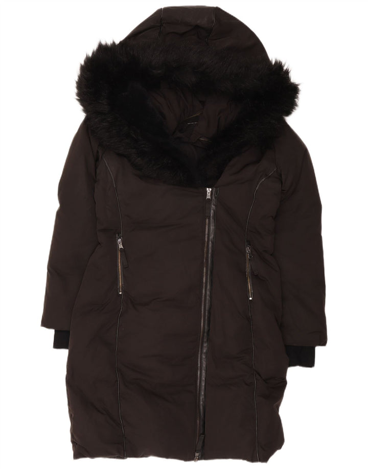 Casaco acolchoado com capuz feminino Zara UK 14 poliéster preto médio