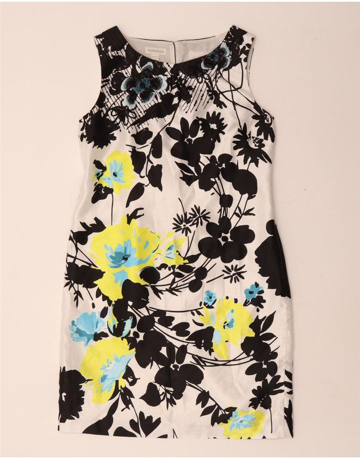 Vestido feminino monsoon sem mangas com bainha UK 14 médio floral multicolorido