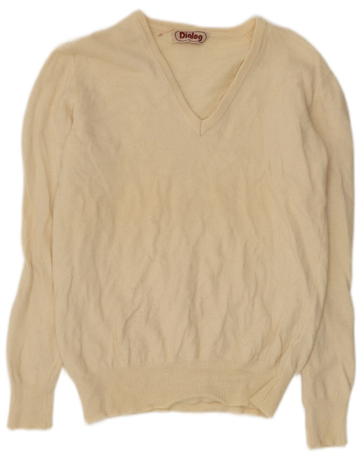 Suéter feminino vintage com decote em V IT 50 XL lã bege