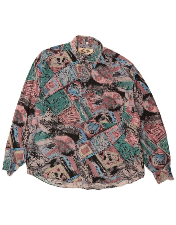 Vintage Masculino Abstrato Padrão Camisa Tamanho 41/42 Grande Viscose Multicolorida