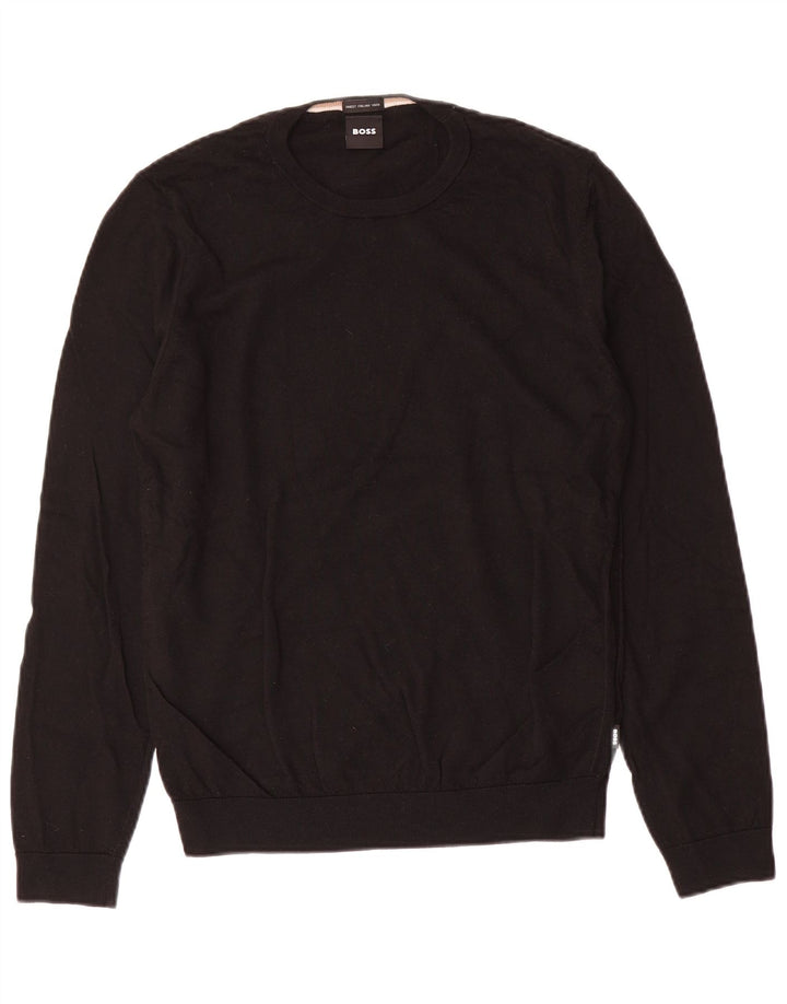 Suéter masculino Hugo Boss com gola redonda, lã preta média