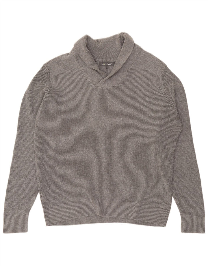 Suéter masculino Marks & Spencer com gola xale, algodão cinza grande