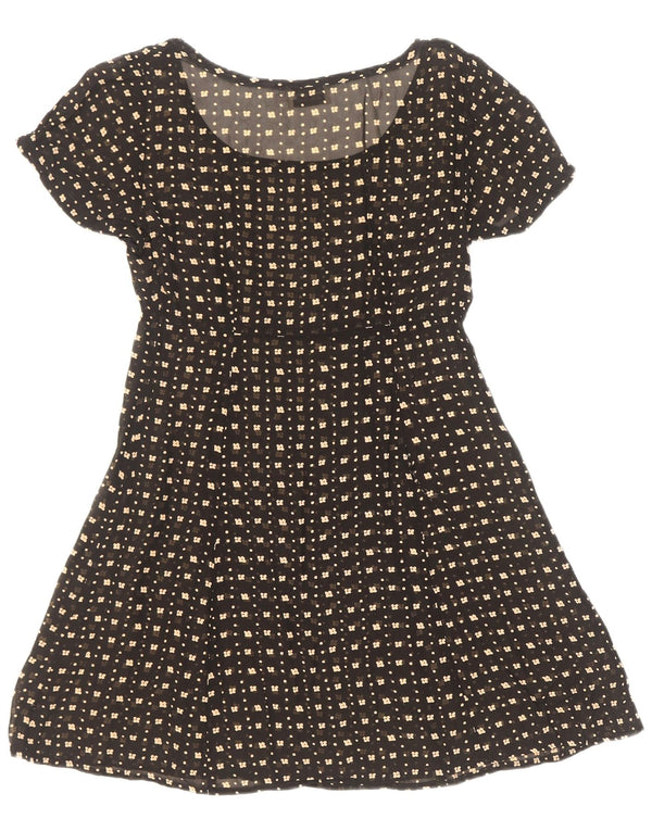 Vestido básico feminino vintage de mangas curtas UK 10 pequeno floral preto