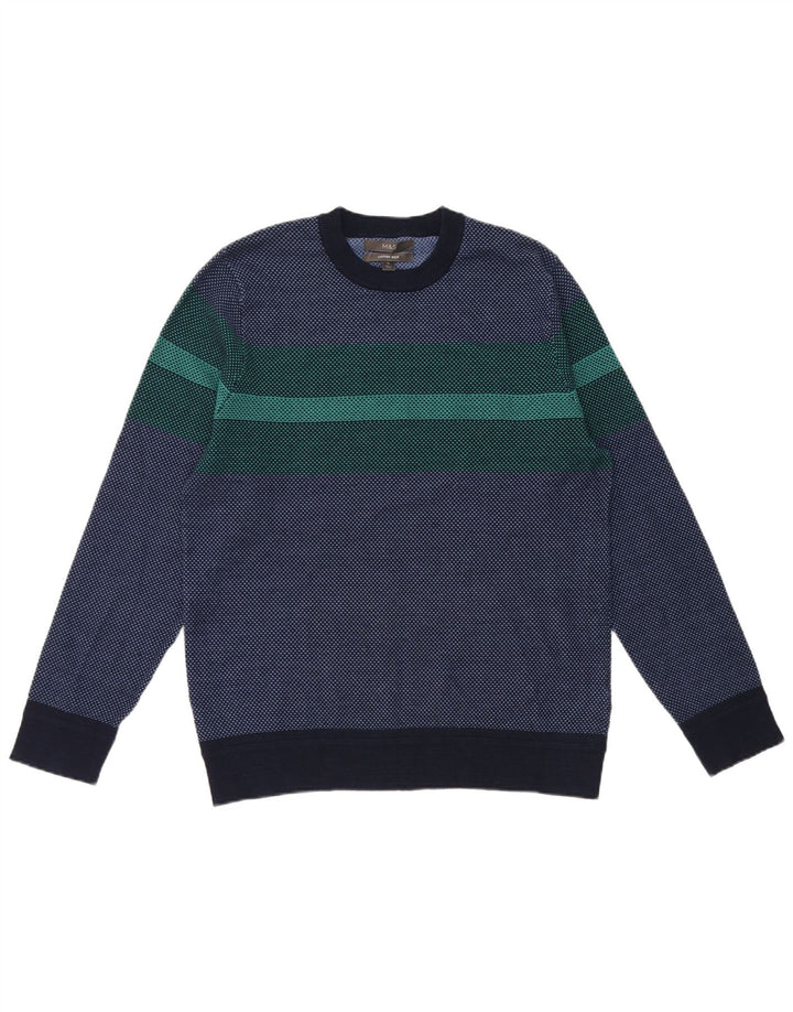 Suéter masculino Marks & Spencer com gola redonda, bloco colorido azul marinho médio