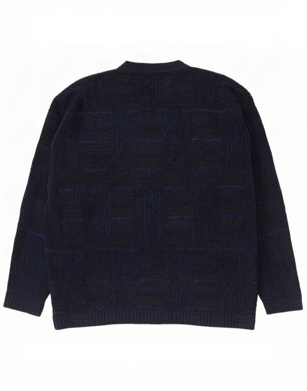 Enara Maglie Suéter masculino com decote em V grande acrílico xadrez azul marinho