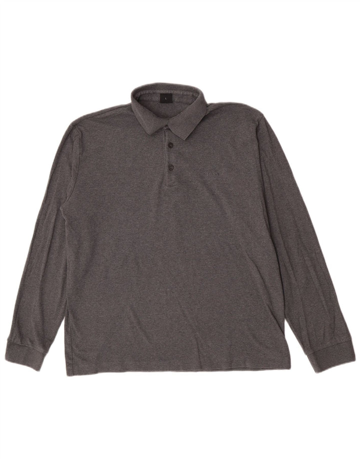 Camisa polo masculina de manga comprida Hugo Boss grande algodão cinza