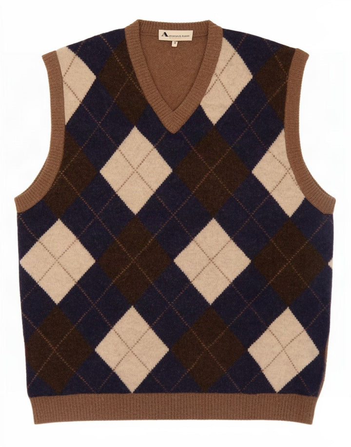 Aquascutum Colete Masculino Regata Médio Bege Argyle/Lã Diamante