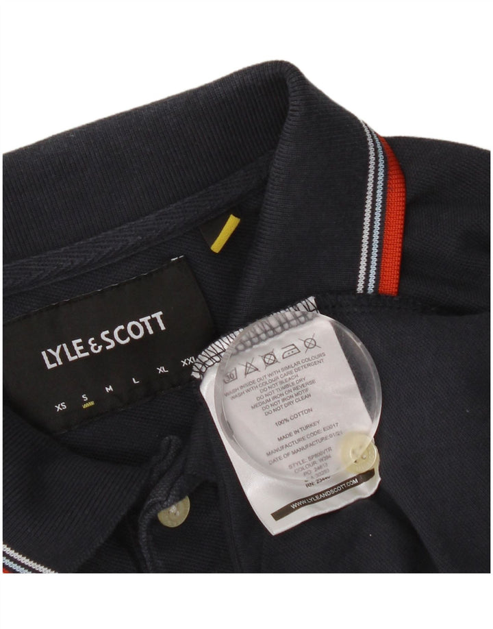 Camisa polo masculina Lyle & Scott pequena listrada azul marinho de algodão