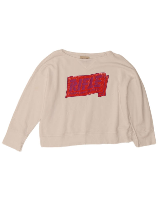 Rifle Womens Graphic Crop Sweatshirt Jumper UK 16 Large White Cotton