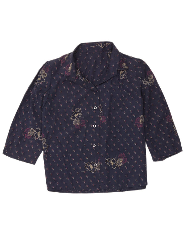 Blusa feminina vintage manga 3/4 Reino Unido 12 médio azul marinho floral