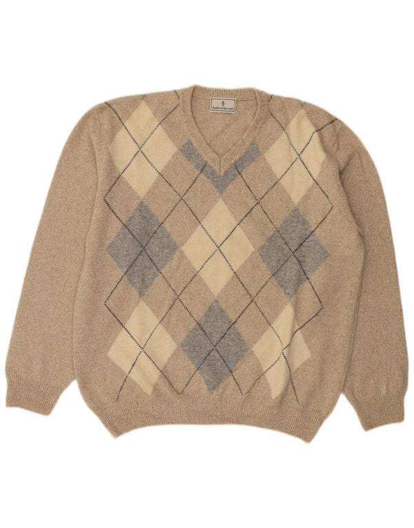 Suéter masculino vintage com decote em V 2XL bege Argyle/Diamante Lambswool