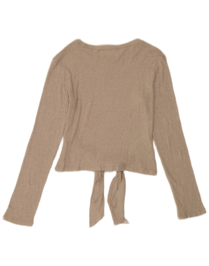 Top feminino Zara manga comprida UK 12 viscose bege médio