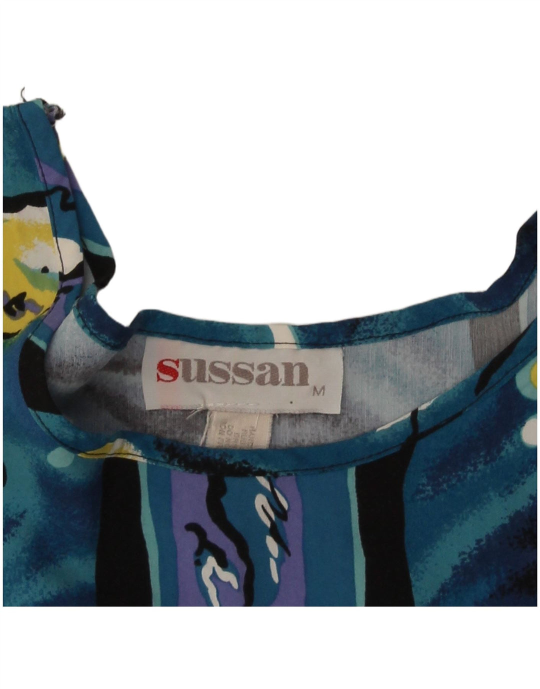 Blusa feminina vintage com padrão abstrato colheita top UK 12 azul médio