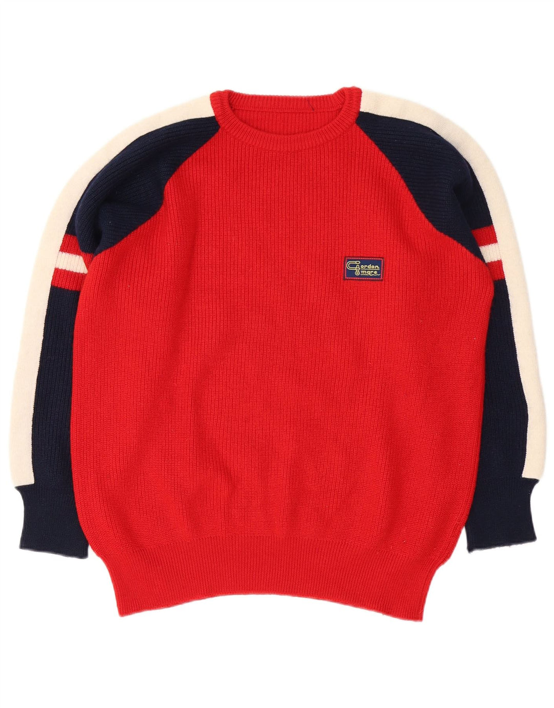 Suéter vintage masculino com gola redonda e bloco colorido vermelho médio