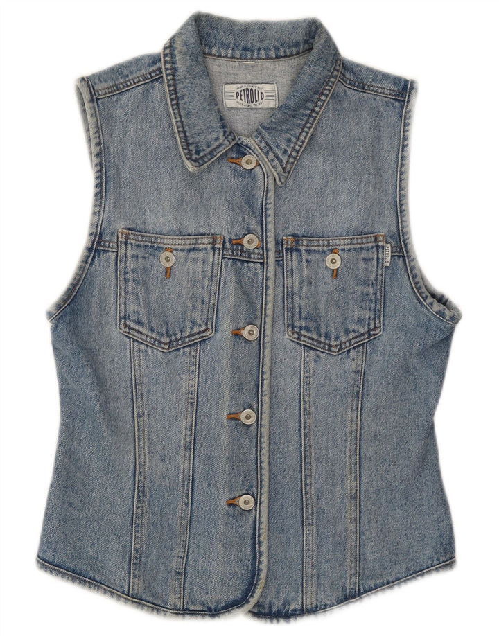 Colete jeans feminino vintage Reino Unido 12 algodão azul médio
