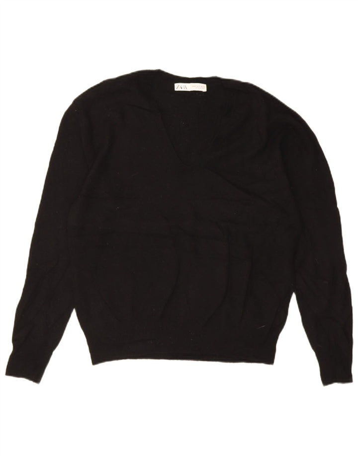 Suéter feminino Zara com decote em V grande, Reino Unido, 10 lã preta pequena