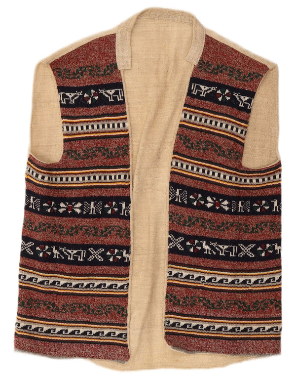 Vintage Mens Open Gilet UK 38 Médio Borgonha Geométrico