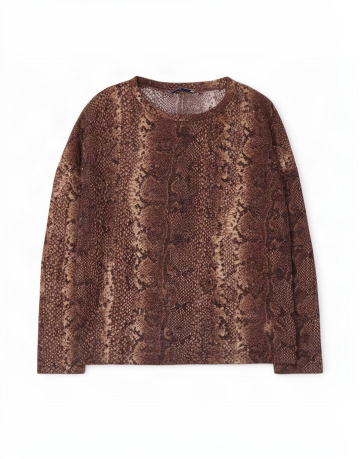 Top feminino Zara manga 3/4 Reino Unido 14 marrom médio estampa animal