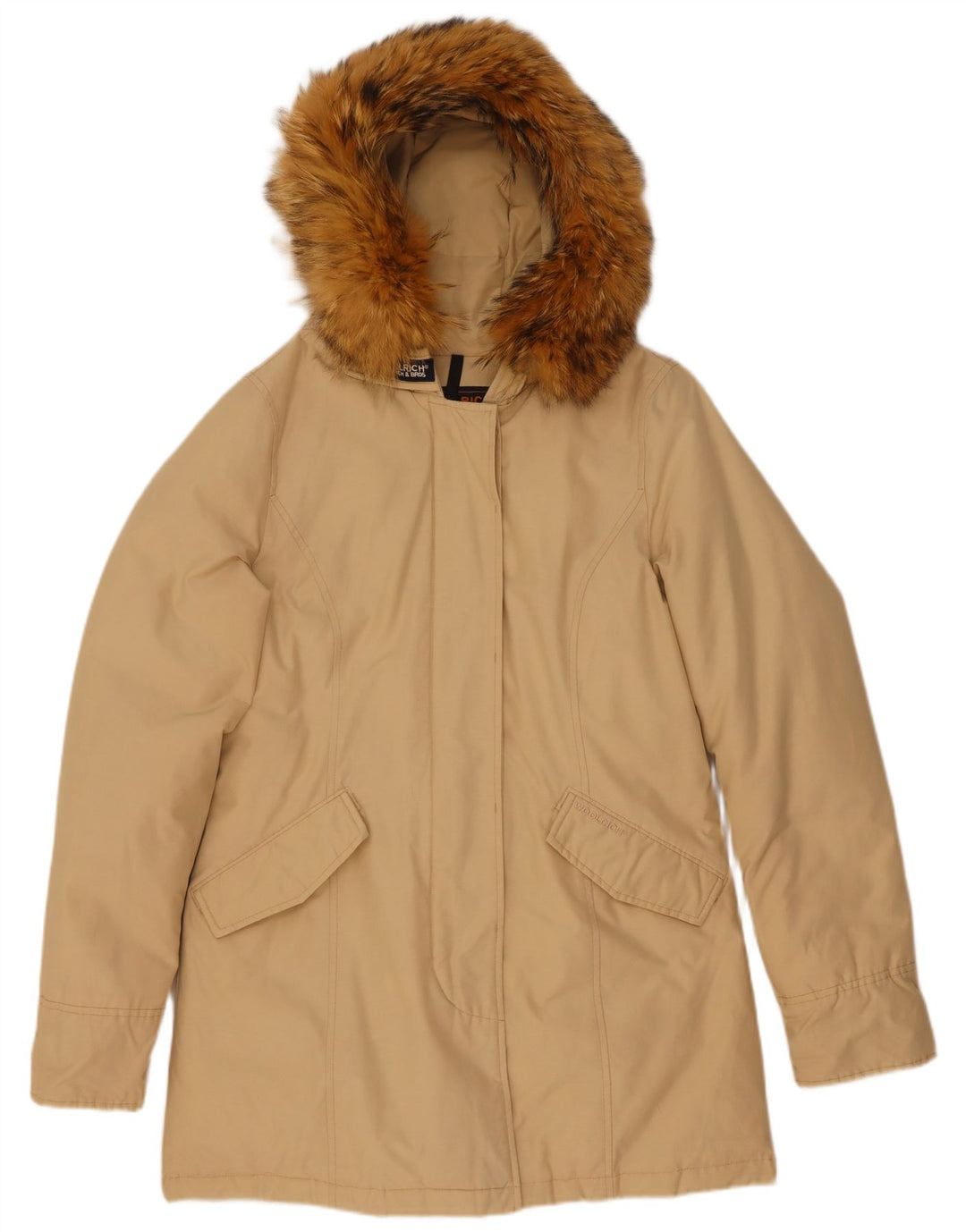 Casaco acolchoado com capuz feminino Woolrich Reino Unido 14 algodão bege médio
