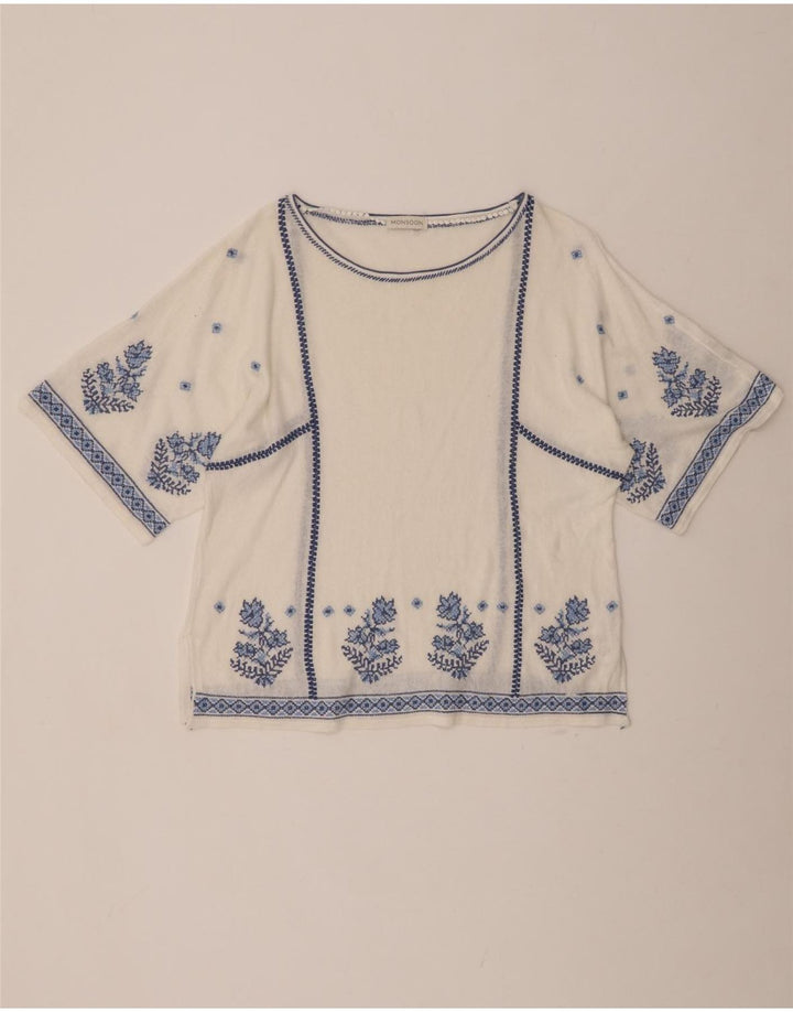 Blusa feminina MONSOON UK 16 grande linho floral branco