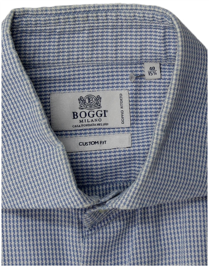 Camisa Boggi masculina de ajuste personalizado tamanho 40 15 1/2 algodão houndstooth azul médio