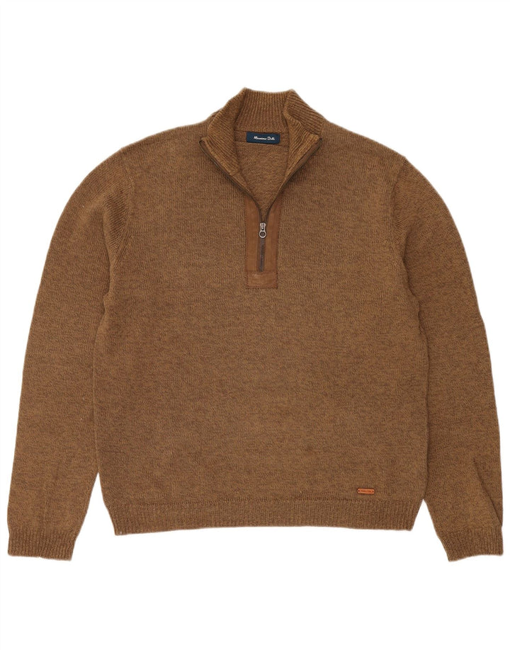 Suéter masculino Massimo Dutti com zíper e gola grande em linho marrom