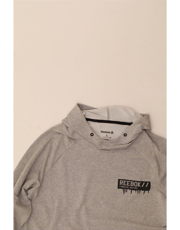 REEBOK Mens Graphic Hoodie Jumper Large Grey Colourblock Cotton Vintage Reebok and Second-Hand Reebok from Messina Hembry 