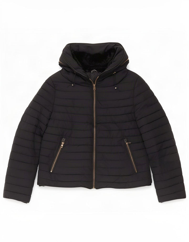Jaqueta acolchoada com capuz feminina Zara UK 18 XL poliéster preto