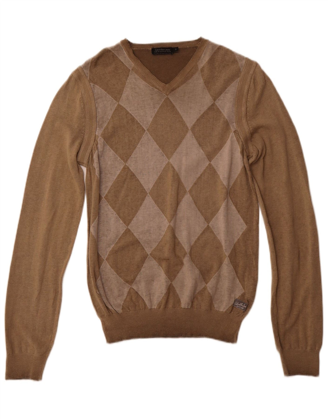 CALVIN KLEIN JEANS Suéter masculino com decote em V pequeno marrom Argyle/Diamante