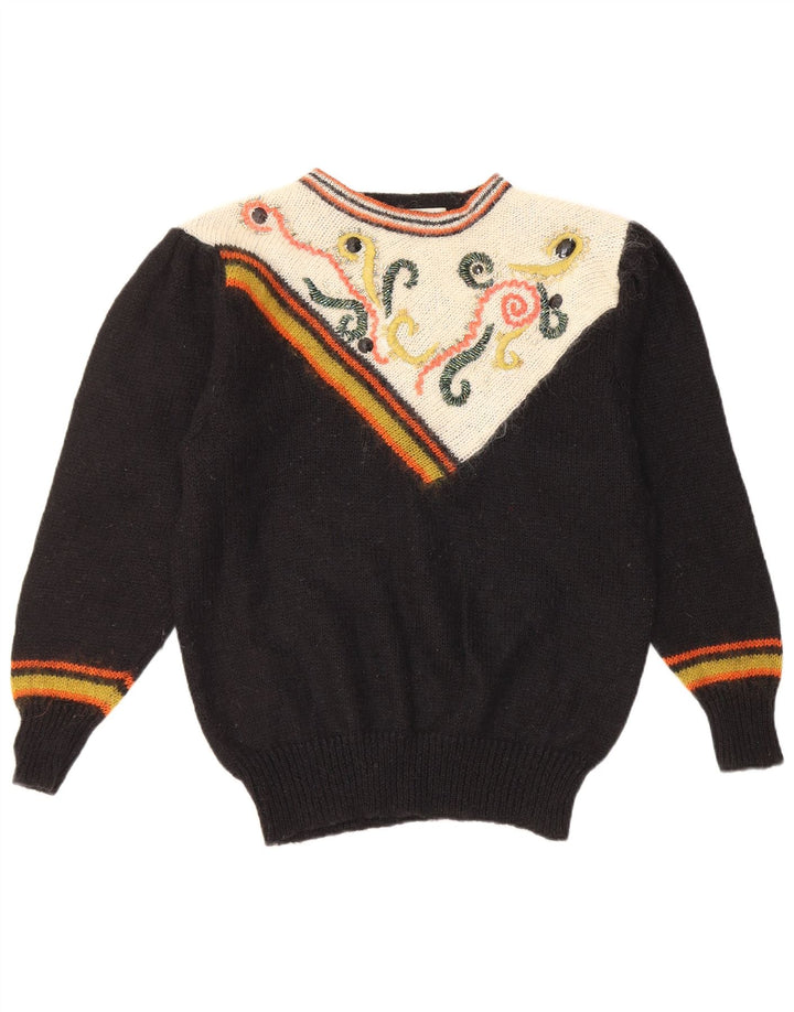 Suéter feminino vintage com gola redonda UK 14 médio preto geométrico
