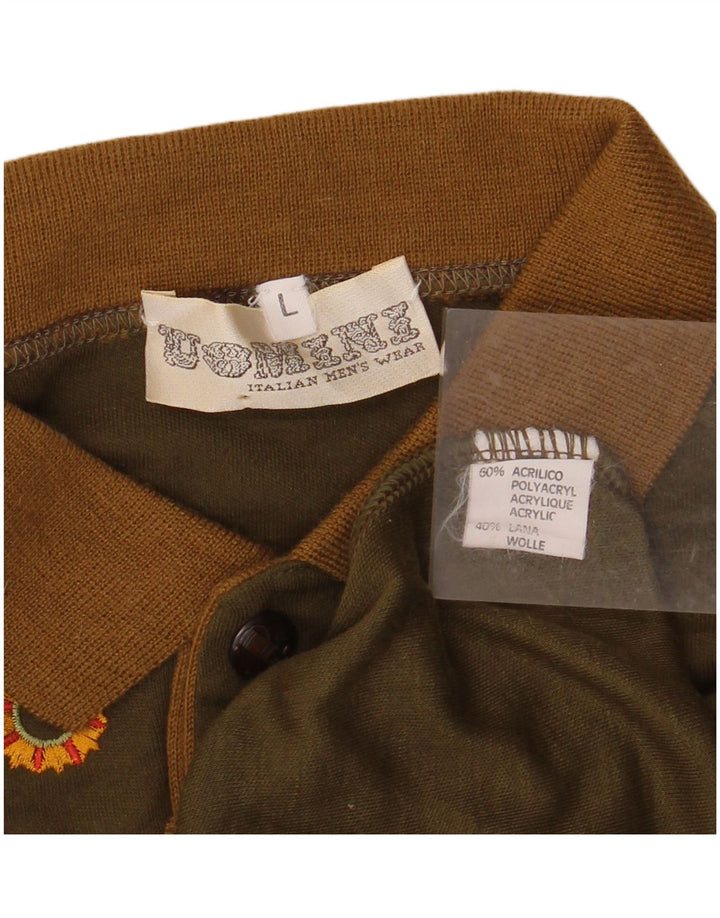 Suéter masculino VINTAGE com gola polo grande acrílico cáqui