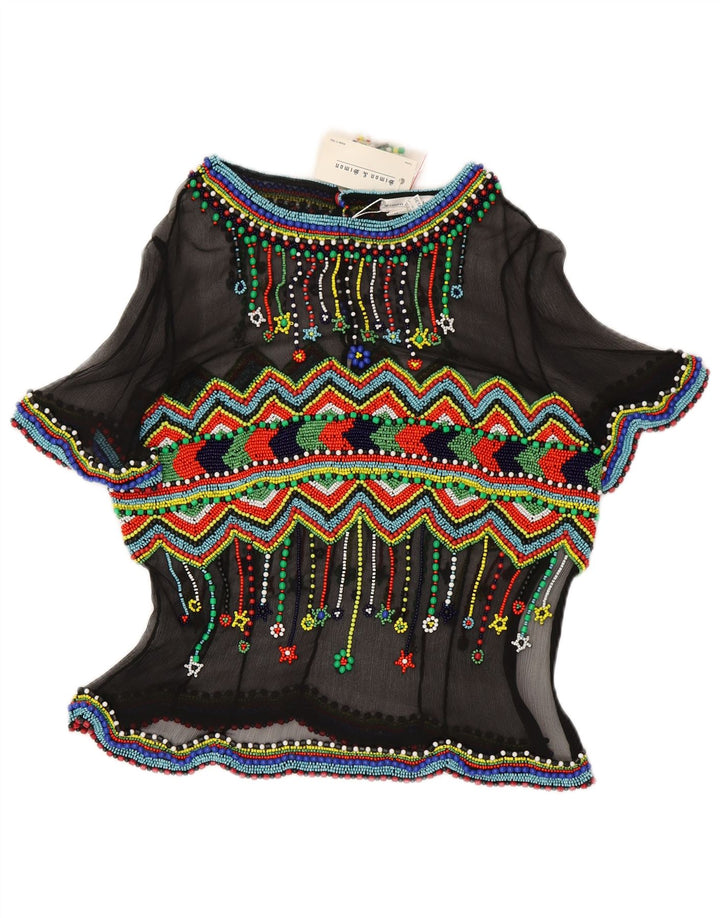 Blusa feminina vintage transparente IT 48 XL seda geométrica preta