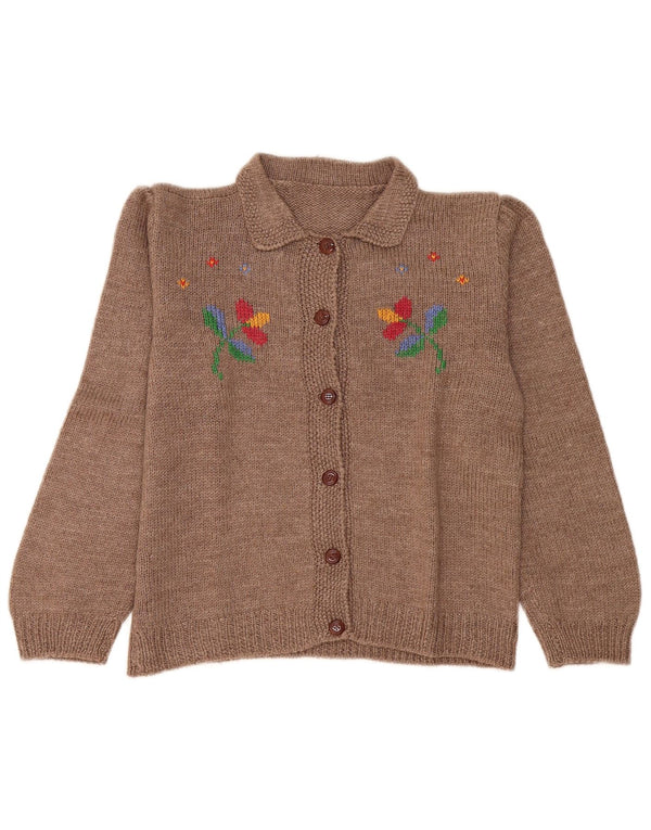 Suéter cardigã feminino vintage Reino Unido 16 grande marrom floral