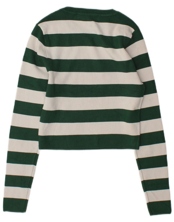 Zara Suéter feminino cropped com gola canoa UK 12 listrado verde médio