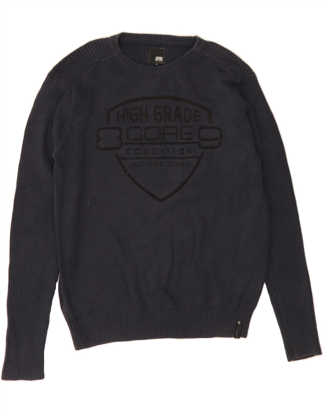 JACK & JONES Mens Graphic Boat Neck Jumper Sweater Medium Navy Blue Cotton Vintage Jack & Jones and Second-Hand Jack & Jones from Messina Hembry 