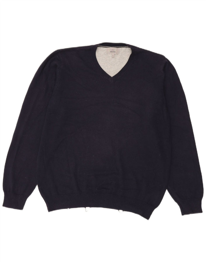 Suéter masculino Marks & Spencer com decote em V grande algodão azul marinho