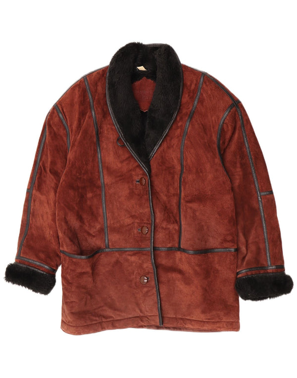 Casaco feminino vintage folgado em shearling Reino Unido 12 bloco colorido marrom médio