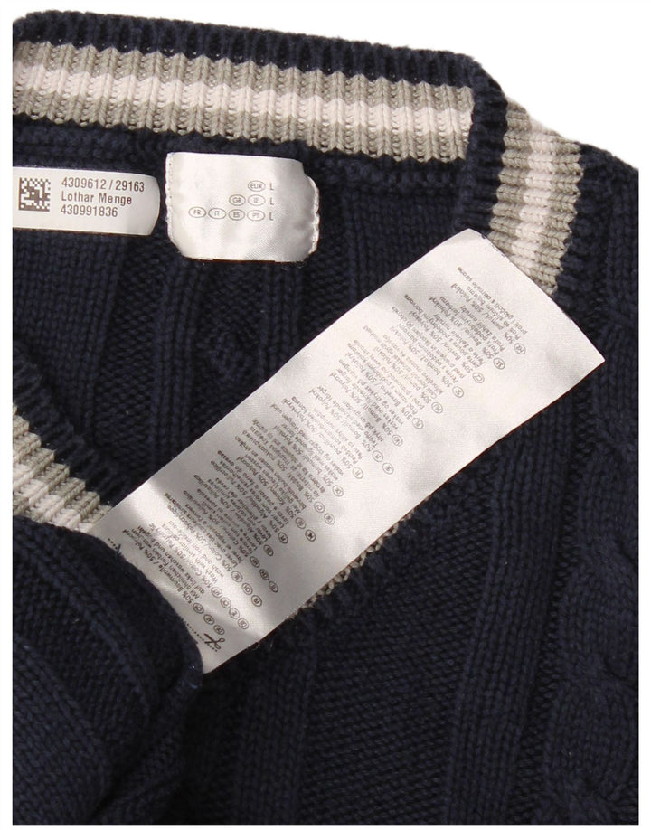 Suéter masculino VINTAGE com decote em V grande algodão azul marinho