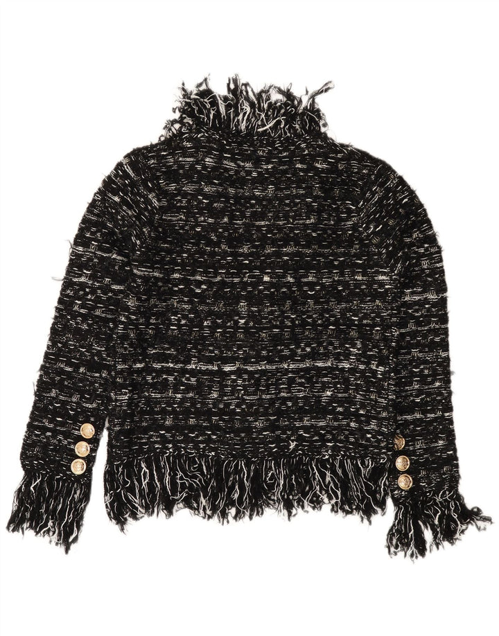 Suéter cardigã feminino VINTAGE Reino Unido 10 pequeno acrílico listrado preto