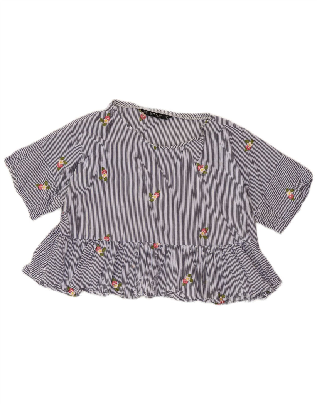 Blusa cropped feminina ZARA UK 14 risca de giz azul médio